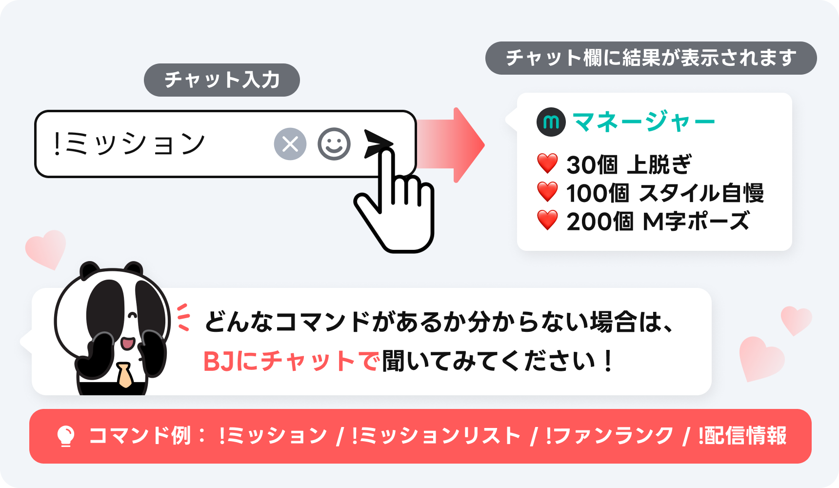 チャット欄に「!ミッション」と入力すると、チャット欄にミッション一覧が表示される例。コマンド例:!ミッション / !ミッションリスト / !ファンランク / !配信情報。どんなコマンドがあるか分からない場合はBJにチャットで聞いてみてください